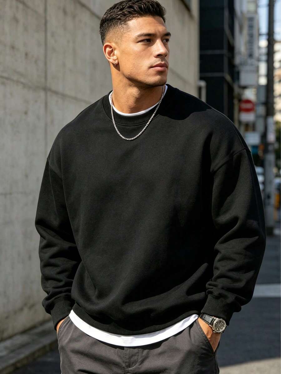 Sweatshirt Leher Bulat Warna Polos Pria, Atasan Lengan Panjang Musim Gugur, Abu-abu untuk Musim Kembali ke Sekolah dan Wisuda - Hitam - View 1