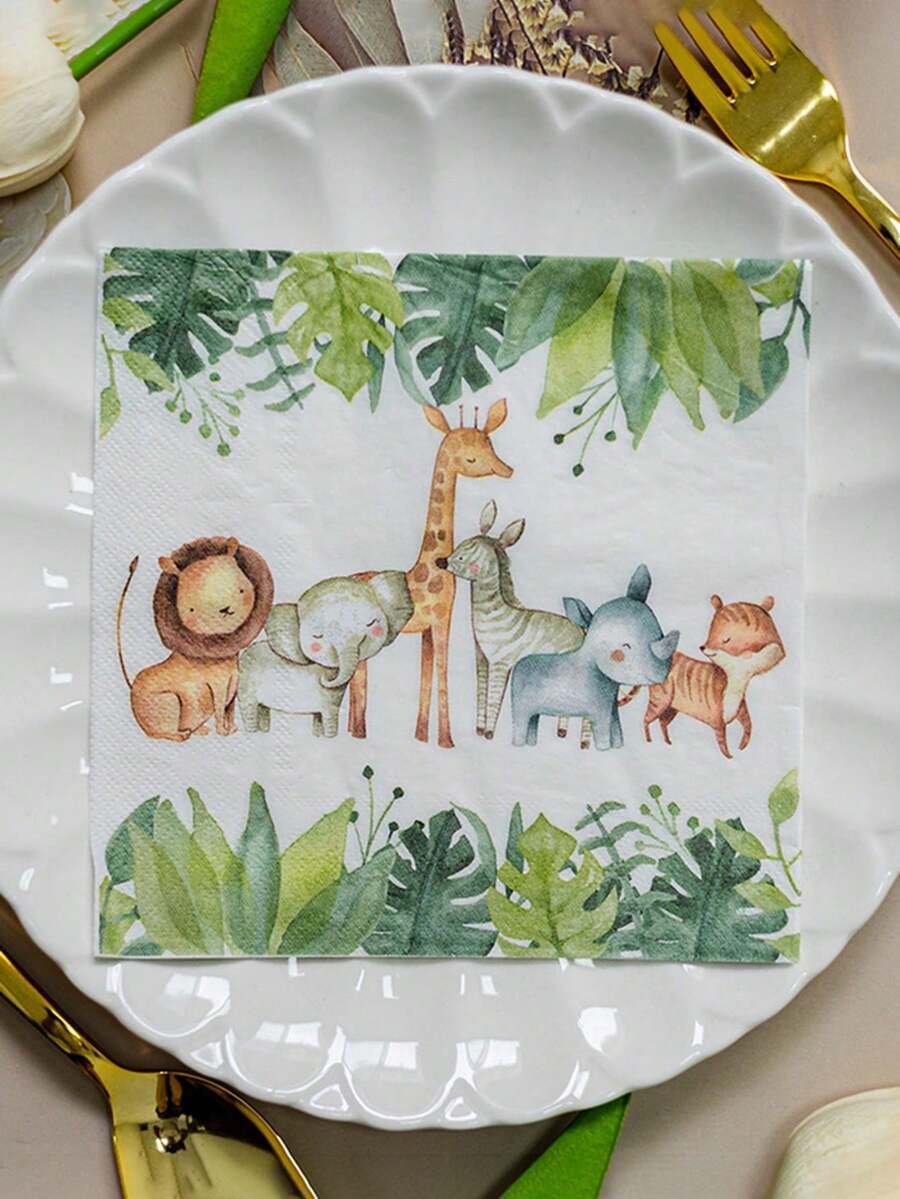 20/40入叢林野生動物印花餐巾紙－虎、象與猴子圖案，13x13英吋雙層一次性紙餐巾，適用派對、戶外活動與居家使用，完美派對裝飾與用品