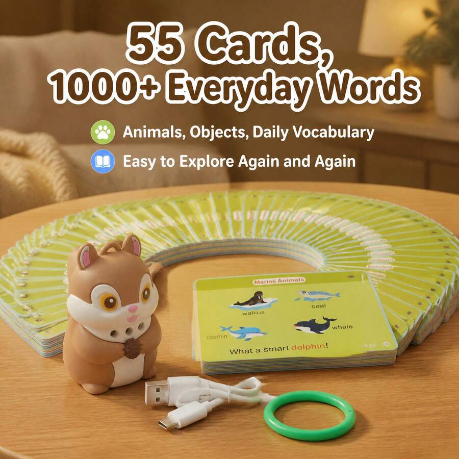 A Squirrel Shaped Early Childhood Education Scanner With 55 Double-Sided Flashcards, Suitable As An Interactive Learning Toy For Children Over 3 Years Old. It Has Natural Phonics And Recording Functions, Is A Screen Free Early Childhood Education Toy - Brown - View 1