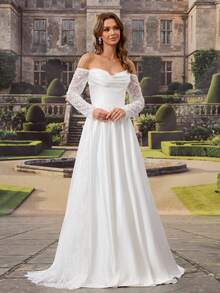 HEARBOBO Vintage Off-Shoulder Wedding Dress, Long Bridal Gown With Exquisite Lace Embroidery And Half Sleeves Fall White - White - View 7