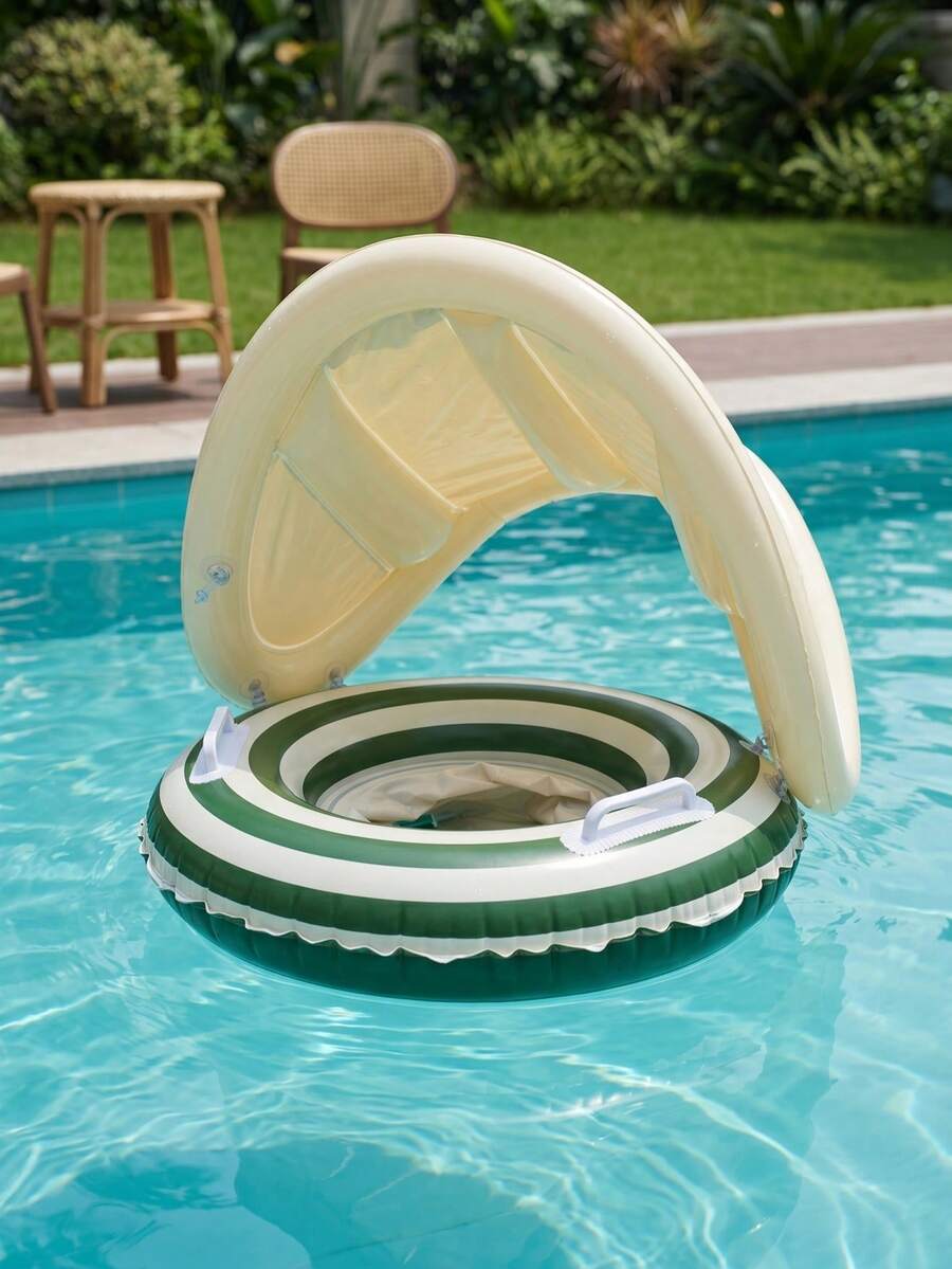 Striped Inflatable Swim Float With Detachable Sun Canopy, Anti-Flip Swim Seat With Handles, Summer Pool Beach Pool Accessory