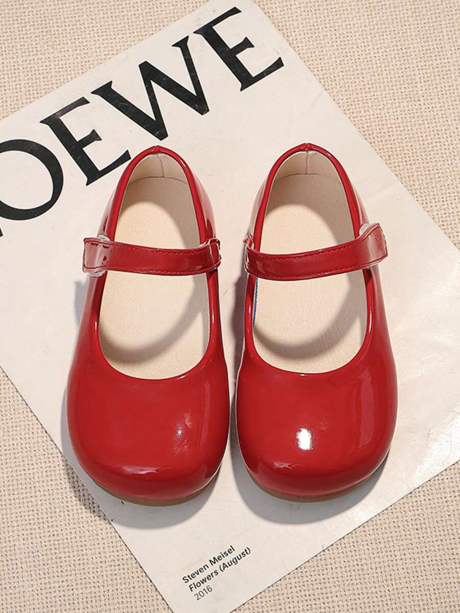 1 Pair Kids Fashion Solid Color Patent Leather PU Hook And Loop Mary Jane Shoes, Suitable For School, Banquet, Party, All Seasons