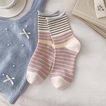 4 Pairs All-Season Striped Rolled Cuff Mid-Calf Socks For Women, Breathable Versatile Slouch Socks - Multicolor - View 5