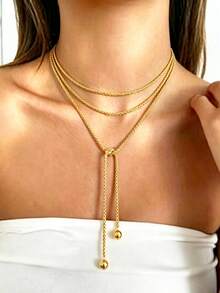 1pc Fashion Casual Multi-Layer Long Necklace For Women, Suitable For Daily Wear, Vacation And Party - Yellow Gold - View 2