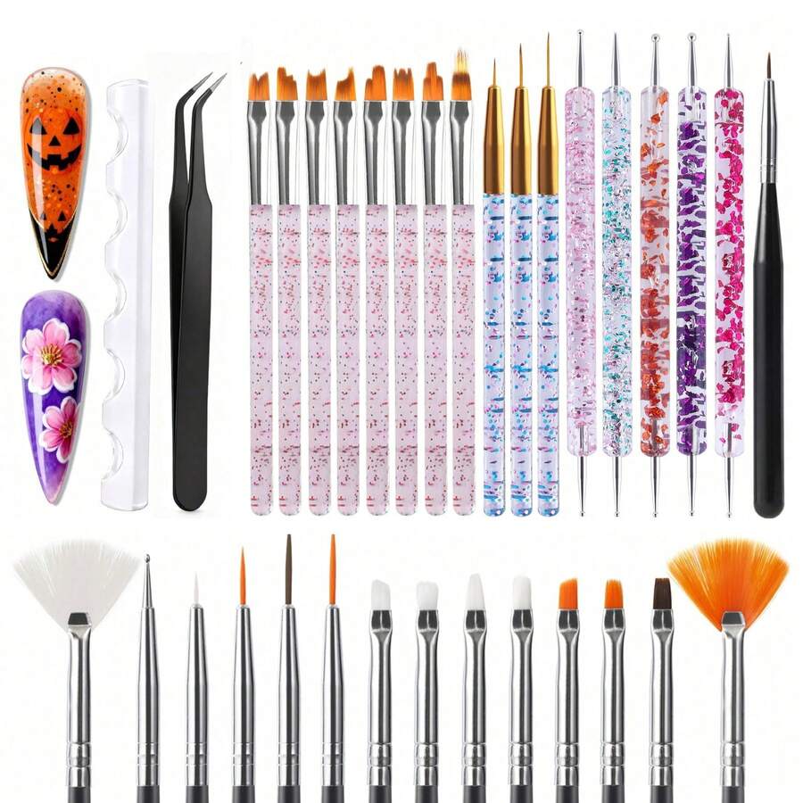 LANDOT 31pcs Nail Art Tool Kit, Including Nail Brushes, Dotting Tools, Dust Brush, Striping Brush, Drawing Pens, Suitable For Nail Art Design - Baby Blue - View 1