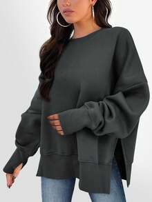 Sweatshirt Pullover Wanita Longgar Kasual Kerah Bulat Bahu Jatuh dengan Belahan Samping di Bagian Bawah, Atasan Gaya Jalanan Musim Gugur - Grey - View 1