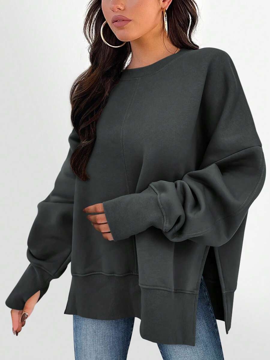 Sweatshirt Pullover Wanita Longgar Kasual Kerah Bulat Bahu Jatuh dengan Belahan Samping di Bagian Bawah, Atasan Gaya Jalanan Musim Gugur - Grey - View 1