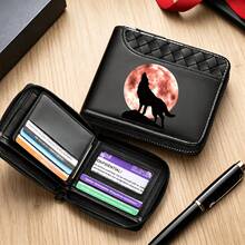 Men's Short Zipper Wallet, Red Moon Howling Wolf Print PU Leather Bifold Wallet, Woven Texture Multi-Card Slot Coin Purse - Multicolor - View 2