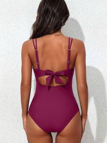 Maternity Summer Minimalist Solid Color Shell Trim Back Tie One-Piece Swimsuit - Burgundy - View 2