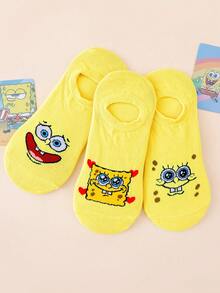SpongeBob SquarePants 3/6雙可愛卡通圖案加強趾尖與足跟舒適短襪，男女通用，適合四季、學校與戶外運動，夏冬皆宜，黃色海綿圖案 - 彩色 - 查看 4