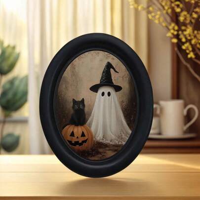 1pc Ghost Pumpkin Black Cat Vintage Wall Decor, Cute Dark Halloween Desktop Wall Hanging Painting, Oval Wooden Decoration, Suitable For Home And Office, Perfect Halloween And Living Room Decoration, Gothic Vintage Style Photo Frame
