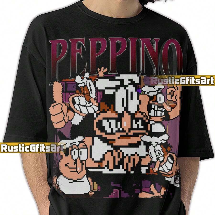 PEPPINO PIZZA TOWER T-Shirt, Personalized Peppino T-Shirt For Italian Men, Vintage Replica Peppino Spaghetti T-Shirts, Gift For Pizza Tower Fans - Black - View 1