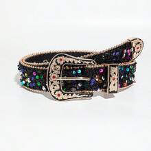 1件女款復古奢華花卉彩色亮片腰帶｜派對腰部飾品｜歐式雕花亮面金屬扣頭｜夜店時尚百搭單品 - 黑彩B - 查看 7
