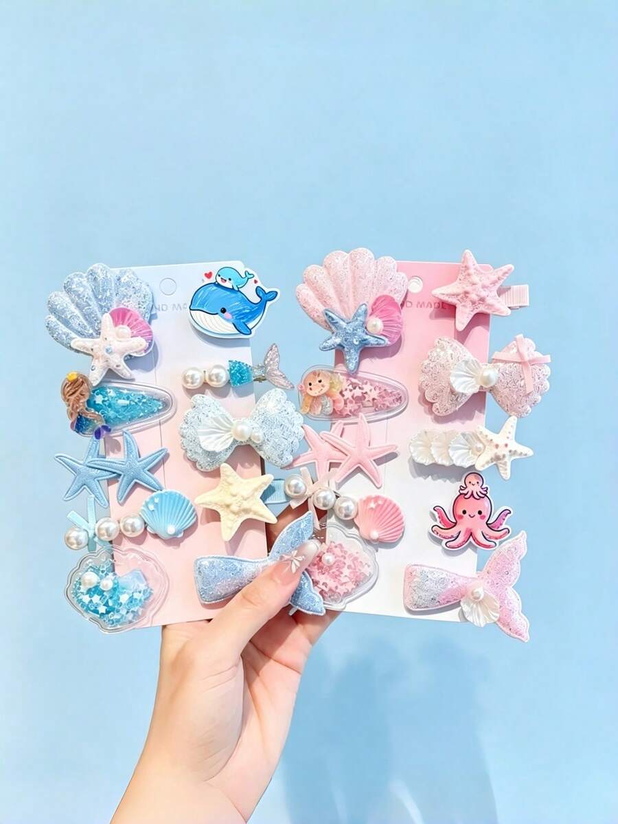 10件夢幻美人魚海洋髮夾，粉色與藍色貝殼海星亮片鱷魚夾，女性度假髮飾 - 彩色 - 查看 1