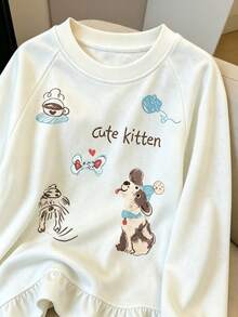 8-12Y Cute Animal & Letter Print White Top, Girly Style Frill Trim Raglan Long Sleeve Pullover - White - View 3