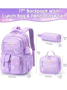 3pcs School Backpack For Teens, Waterproof Backpack With Lunch Box & Pencil Case Set, Cute Travel Bookbag School Bag For Back To School Supplies - 紫色 - View 2