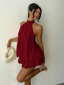 Vestido mini elegante de mujer con cuello halter y lazo en color amarillo claro - Caqui - Ver 1