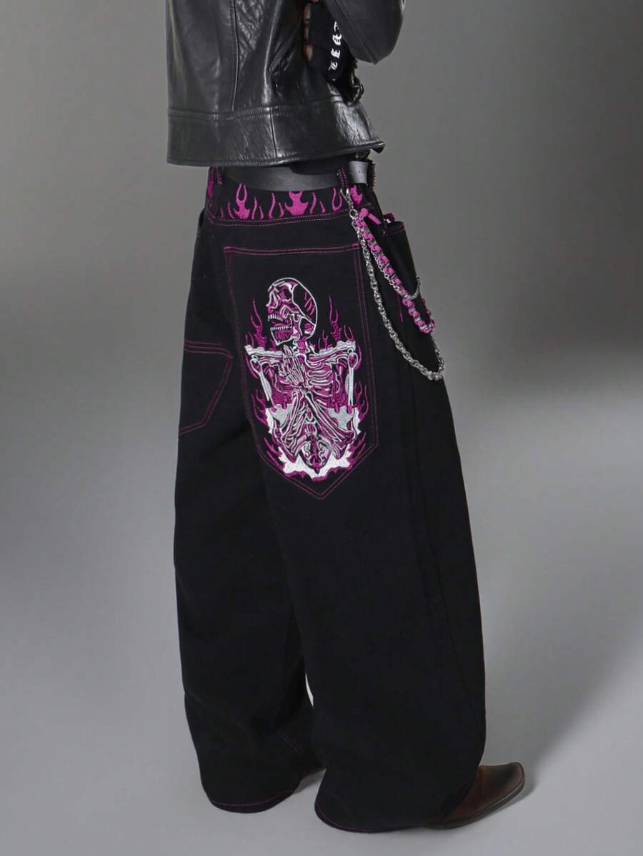 男士韓式寬腿牛仔長褲,獨特大口袋,多色刺繡,時尚百搭休閒四季款,不含腰帶與配件 - 紫色 - 查看 1