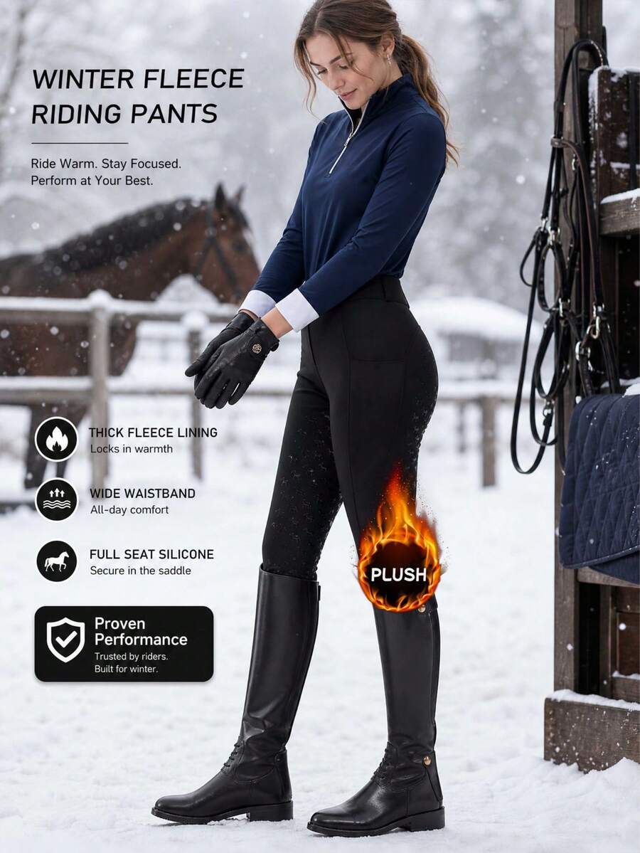 1pc Women's Winter Thick Thermal Lined Equestrian Pants, Full Coverage From Hips To Thighs With Diamond-Shaped Silicone Anti-Slip Grip, Side Zipper Pockets, Suitable For Winter Outdoor Horse Riding And Snow Riding - Black - View 1
