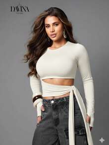 Women's Cropped Long Sleeve Suplex Blouse With Waist Tie, Tummy Control, Comfortable, Fall Winter Fashion - 離開 - 查看 2