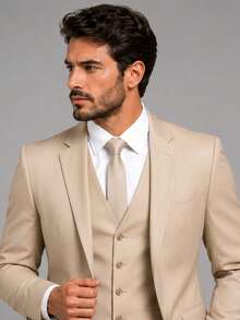 Slim Fit 3 Piece Suit – Sophistication With Stylish Vest - Beige - View 2