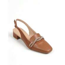 Sapato Feminino Moda Salto Baixo Bloco Slingback Bico Quadrado Strass Brilho Confortável Elegante - Caramelo - Visão 3