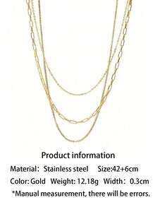 1pc Stainless Steel Vintage Style Triple Layer Paperclip Chain Long Collarbone Necklace, Versatile Neck Accessory For Christmas Gift, Commute, Date, Vacation, Party - Gold - View 5