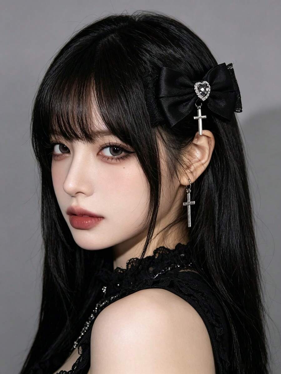 2件組女款蕾絲緞帶深色哥德風十字髮飾髮夾,適合節日裝扮與哥德愛好者日常配戴 - 多色#2 - 查看 1