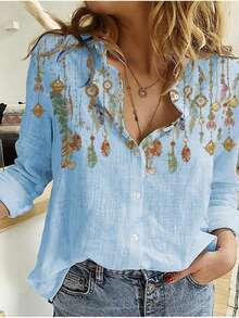 Women's Cotton Linen Blouse With Long Sleeves, Plus Size - Azul Celeste-bL2 - View 6