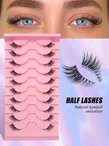 Asiteo 10 Pairs Wispy Cat Eye Half Lashes - Natural Look Clear Band Corner Eyelashes - Perfect For Dates, Parties & Stage Makeup - Black - View 3