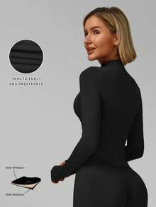 Jaket Yoga MFVIM Lembut dan Elastis, Potongan Slim Fit Lengan Panjang dengan Resleting dan Kerah Tegak - Hitam - View 5
