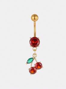 Kryxie Zirconia Copper Cherry Decor Pierced Navel Ring, Fashionable Body Jewelry For Women To Wear Daily Or For Party - Yellow Gold - View 5