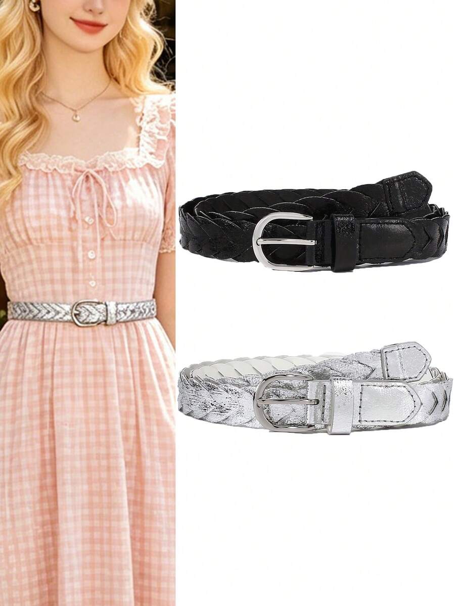 2/1pc Women's Fashionable Woven PU Belt With Square Buckle, An Ideal Accessory Designed Specifically For Dresses - Multicolor - View 1