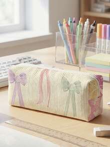 1pc Pencil Case, Stationery Storage Bag, Corduroy Material Bowknot Print Large Capacity Pencil Case For Teenagers, Multi-Function, First Day Of School - Multicolor - View 9