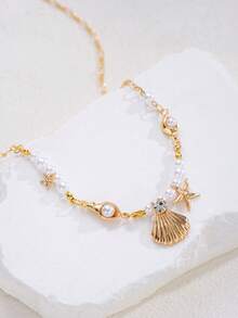 1 pieza Collar colgante de moda minimalista elegante con perla falsa, estrella de mar, concha y caracol en color dorado para mujeres, regalo de verano, vacaciones en la playa, cita, fiesta, vacaciones, cumpleaños, versátil para uso diario - Amarillo Oro - View 4
