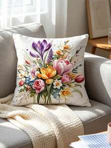 1pc Classic Floral Pattern Faux Super Pillowcase, All-Season Living Room Sofa Decorative Cushion Cover, Pillow Insert Not Included - Spring Flowers Bloom - View 1