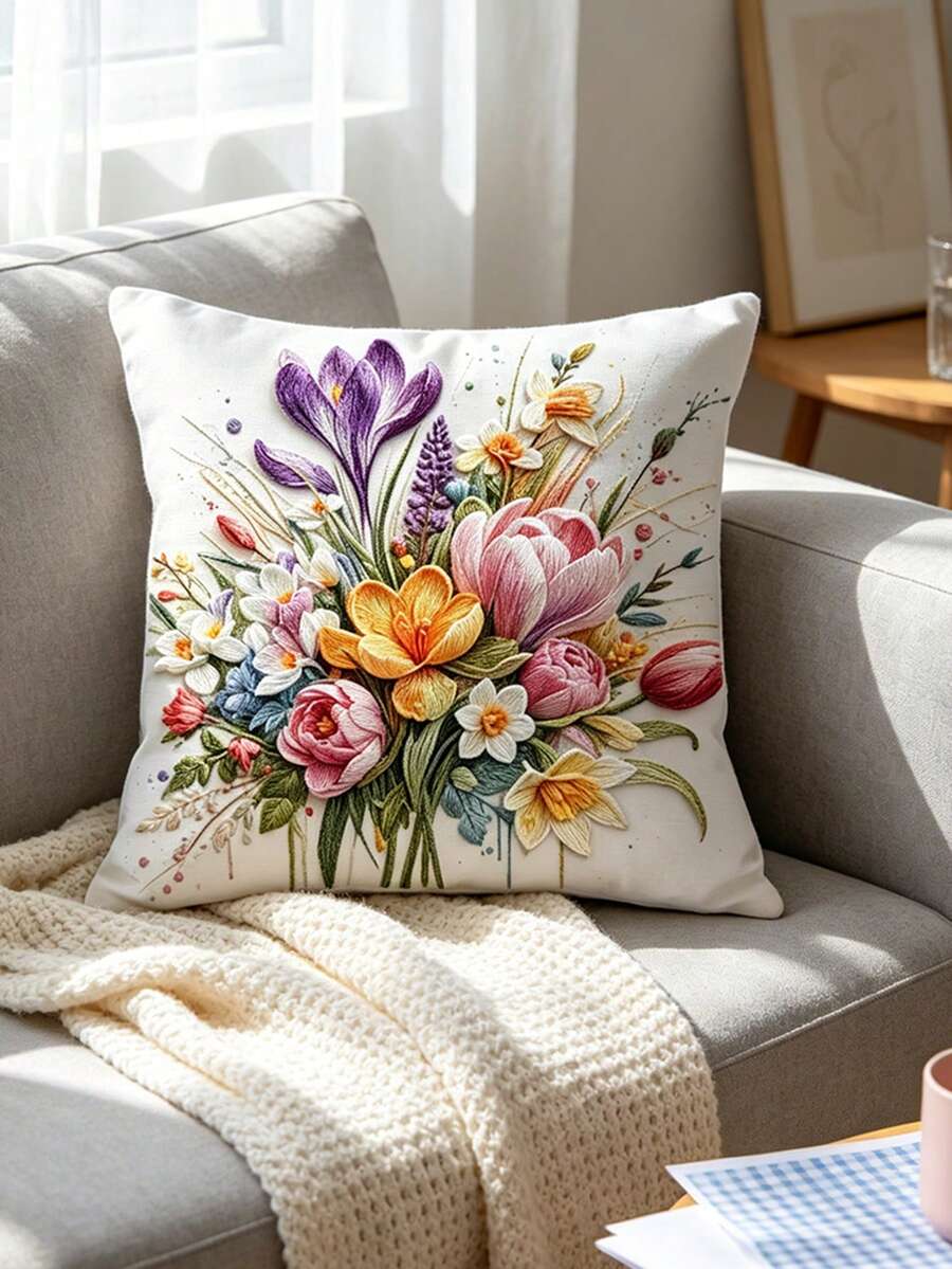 1pc Classic Floral Pattern Faux Super Pillowcase, All-Season Living Room Sofa Decorative Cushion Cover, Pillow Insert Not Included - Spring Flowers Bloom - View 1