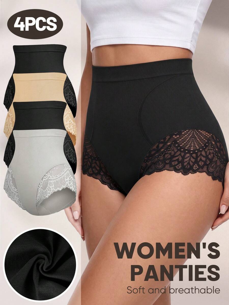 MEIYATING 4件組女款高腰收腹提臀無痕三角內褲 蕾絲圖案 舒適日常穿著