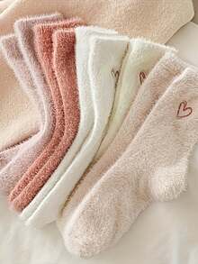 Women's Mid-Calf Floor Socks With Heart Pattern Plush, Soft Thick Daily Long Socks - Multicolor - View 2