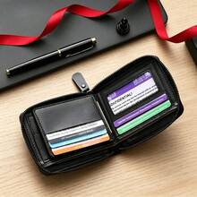 Men's Short Zipper Wallet, Red Moon Howling Wolf Print PU Leather Bifold Wallet, Woven Texture Multi-Card Slot Coin Purse - Multicolor - View 5