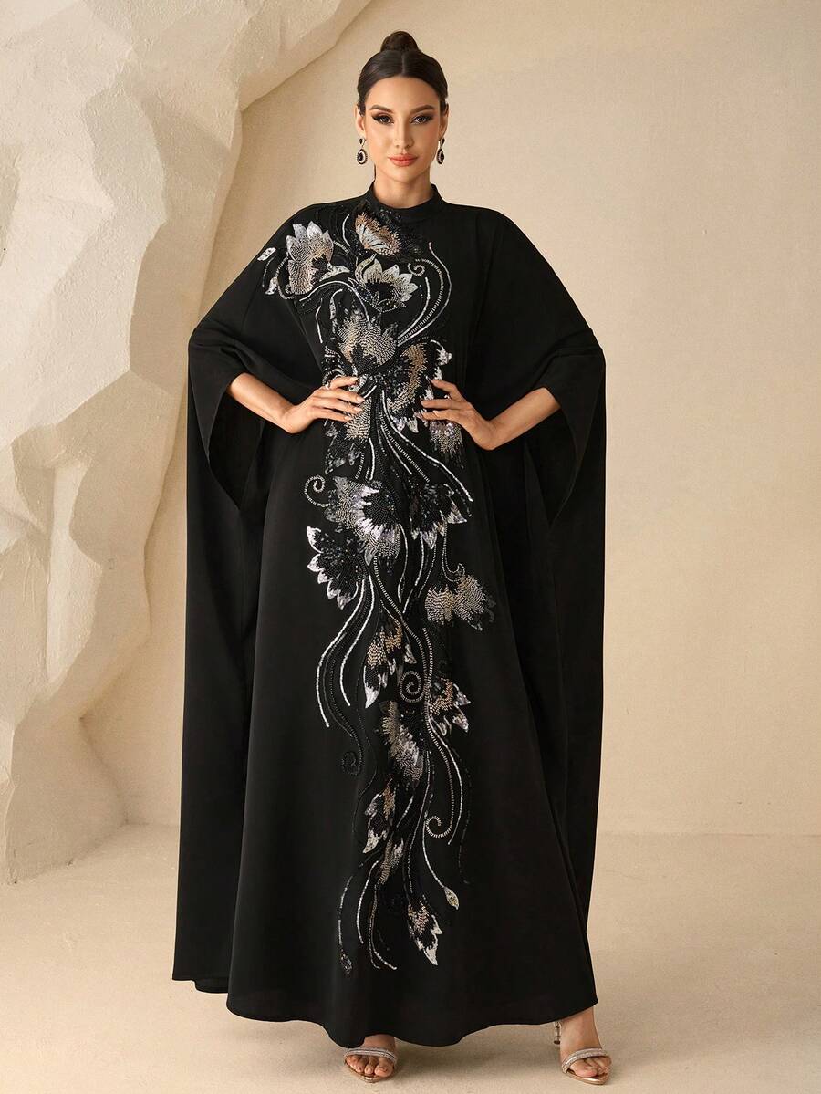 Dam-abaya i enfärgat vävt tyg med applikation, one size, svart, för hösten, lämplig för festivaler, bröllop, semester och vardagsbruk, för alla säsonger - Svart - Visa 1