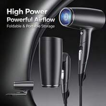 Foldable High-Power Hair Dryer With Strong Airflow. Features 2 Wind Speeds And 4 Heat Settings For Fast Hair Drying And Styling. Built-In Auto Overheat Shut-Off Protection, Comes With Detachable Nozzle. Ideal For Home And Travel Use. - Dark Grey - View 2