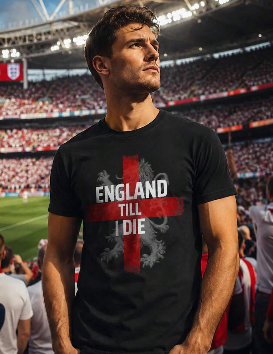 Camiseta de Fútbol de Inglaterra, Camiseta con Gráfico del León y la Cruz de San Jorge - Negro - Ver 1