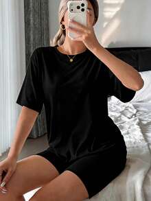 優雅舒適女款居家服套裝，短袖上衣搭配單車褲，純色款，春夏兩件套 - 黑色 - 查看 1