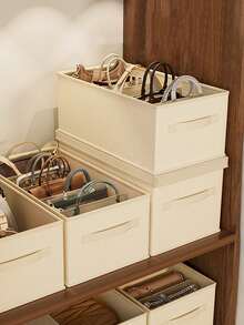 1pc Wardrobe Handbag Organizer, Compartment Fabric Storage Box For Closet, Large Capacity Purse Divider With Handle, Foldable Handbag Storage Bin For Bedroom Organization - Beige - View 6