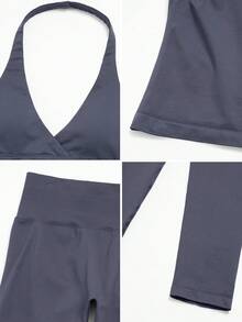 NcmRyu Women's One Set Solid Color Halter Neck Backless Tank Top Ribbed Waist Leggings Sports Set - Grey - View 4
