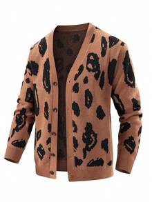 Men's V-Neck Leopard Print Knit Cardigan, Single-Breasted Long Sleeve Open Front Sweater Jacket, Casual Loose Knit Outerwear - Coffee Brown - View 4