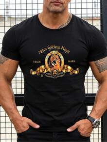 Camiseta de manga corta para hombre con estampado clásico del logo del león, estilo retro, fresca, transpirable y casual. - Negro - Ver 1