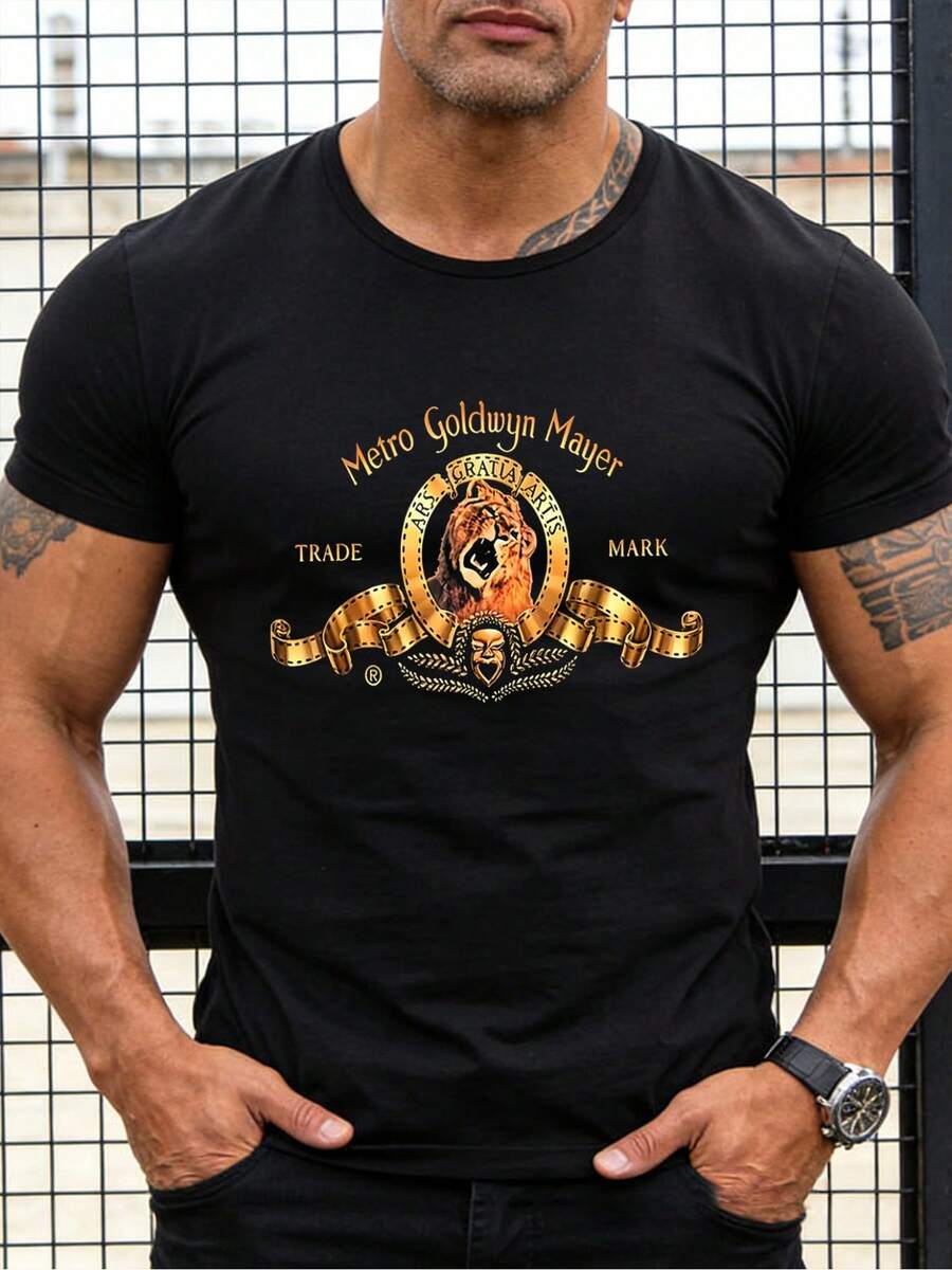 Camiseta de manga corta para hombre con estampado clásico del logo del león, estilo retro, fresca, transpirable y casual. - Negro - Ver 1