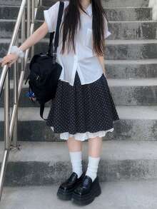 Rok Pendek Wanita Gaya Korea Vintage Motif Polkadot dengan Hiasan Renda dan Patchwork - Navy Blue - View 3